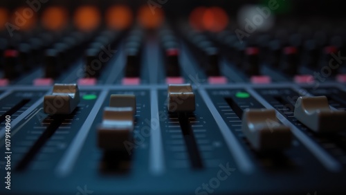 A detailed look at an audio mixing console, showcasing various faders in different positions. The setting highlights a professional sound environment photo