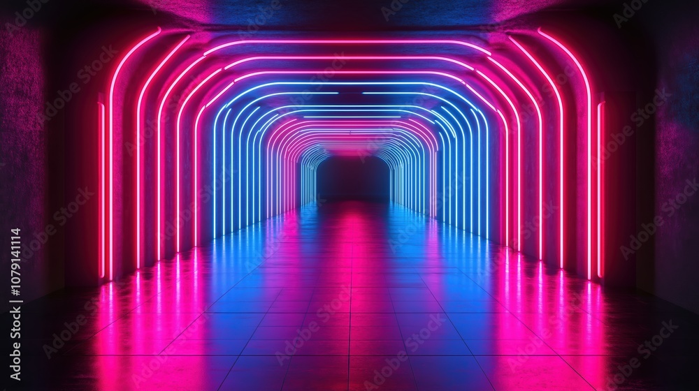 Long, brightly lit tunnel with neon lights. The tunnel is dark and the lights are red and blue Long, brightly lit tunnel with neon lights. The tunnel is dark and the lights are red and blue