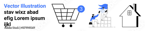 Shopping cart with three items, people working on graphic design, abstract house. Ideal for e-commerce, teamwork, productivity, construction, real estate, home improvement, web design. Landing page