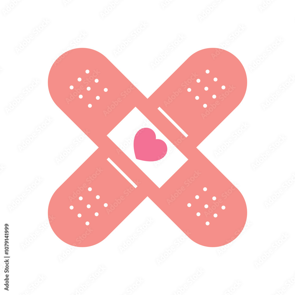 Plaster, medical band aid with heart symbol flat vector illustration on white background. Simple cure tape. Care, love symbol for wedding, Valentine's day, donation. Plaster, medical band aid with heart symbol flat vector illustration on white background. Simple cure tape. Care, love symbol for wedding, Valentine's day, donation.