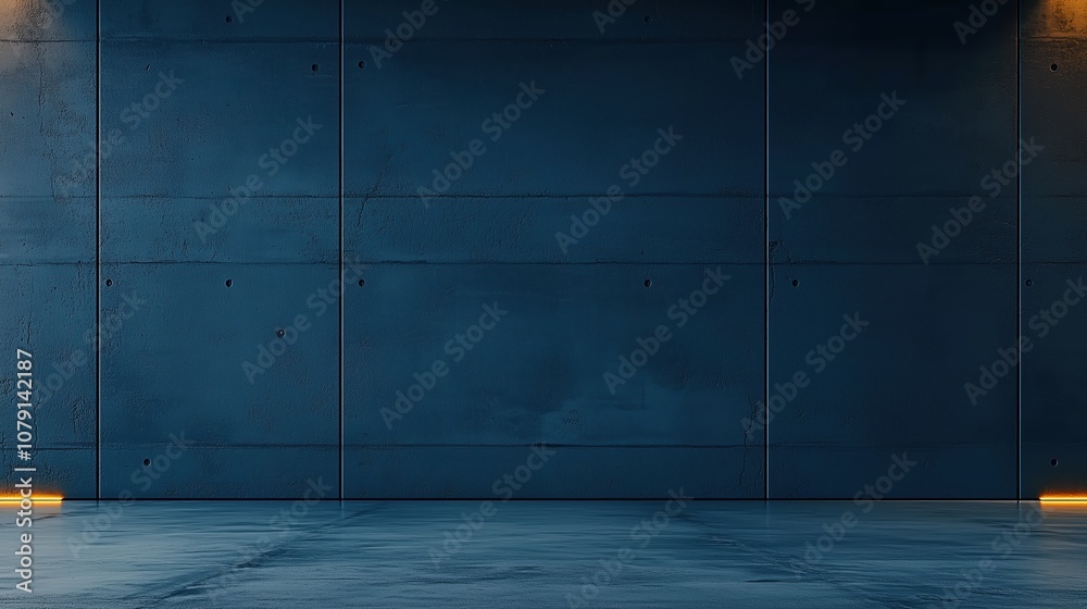 Large, empty room with a blue wall and orange lights. The room is empty and has a modern, industrial feel Large, empty room with a blue wall and orange lights. The room is empty and has a modern, industrial feel