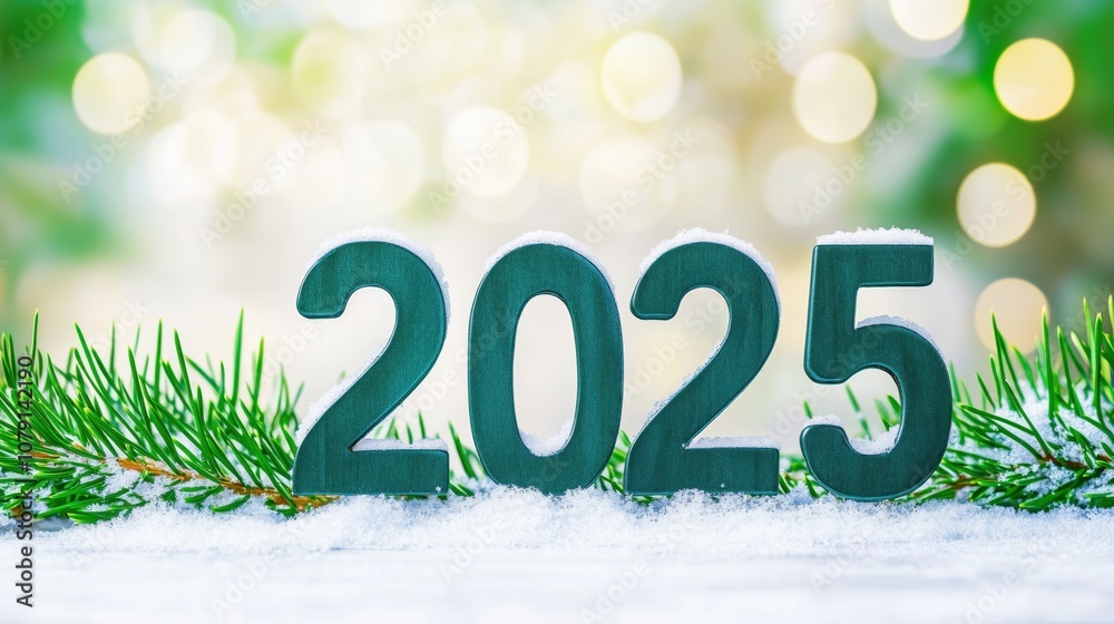 Green 2025 numbers with pine branches and snow on blurred festive background Green 2025 numbers with pine branches and snow on blurred festive background