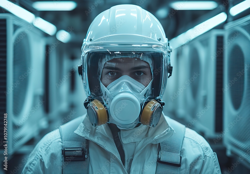 A young man in a white hazmat suit and respirator mask looks intensely at the camera. He's standing in a industrial setting. A young man in a white hazmat suit and respirator mask looks intensely at the camera. He's standing in a industrial setting.