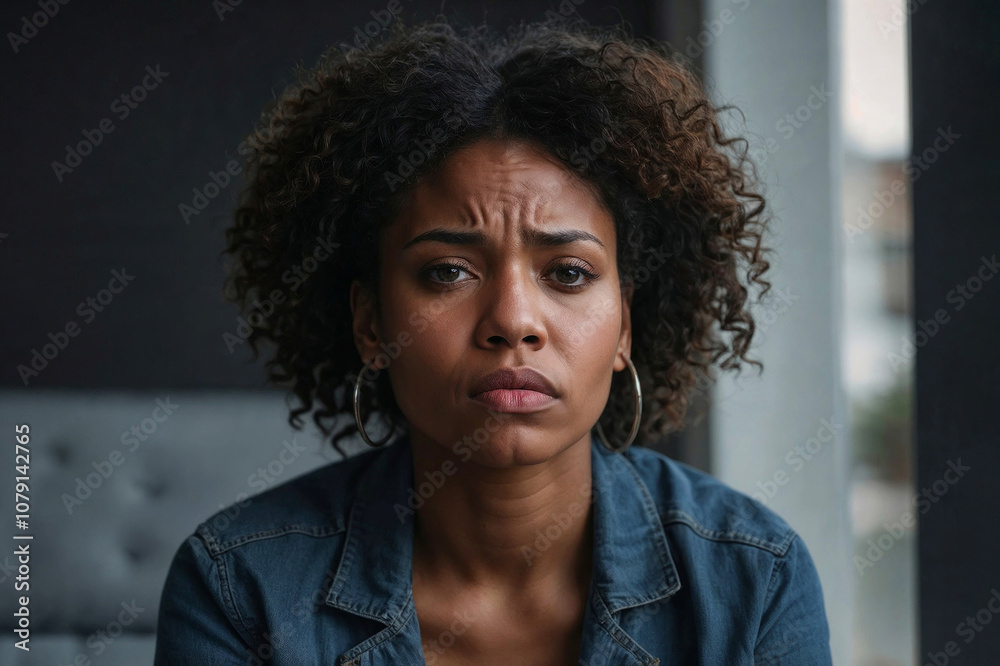Fototapeta premium Portrait of thoughtful and sad Afro woman with curly hair is sitting on a couch and looking at camera, financial and family problems