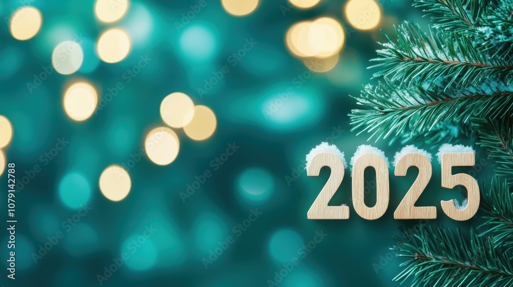 Wooden 2025 numbers with snow on pine branches against a blurred green background, space for text Wooden 2025 numbers with snow on pine branches against a blurred green background, space for text