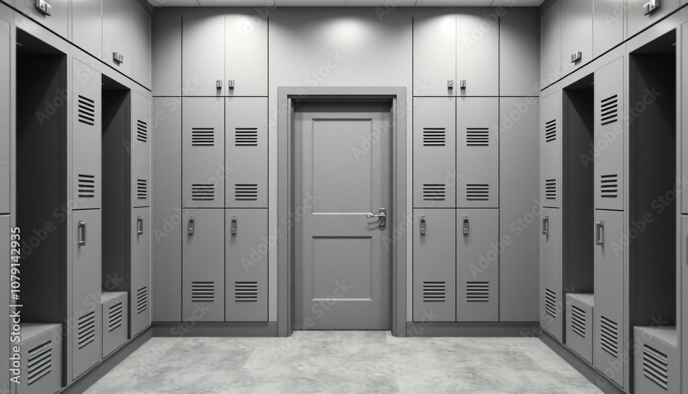 Modern Locker Room with Sleek Gray Lockers and Elegant Flooring Generative AI Modern Locker Room with Sleek Gray Lockers and Elegant Flooring Generative AI