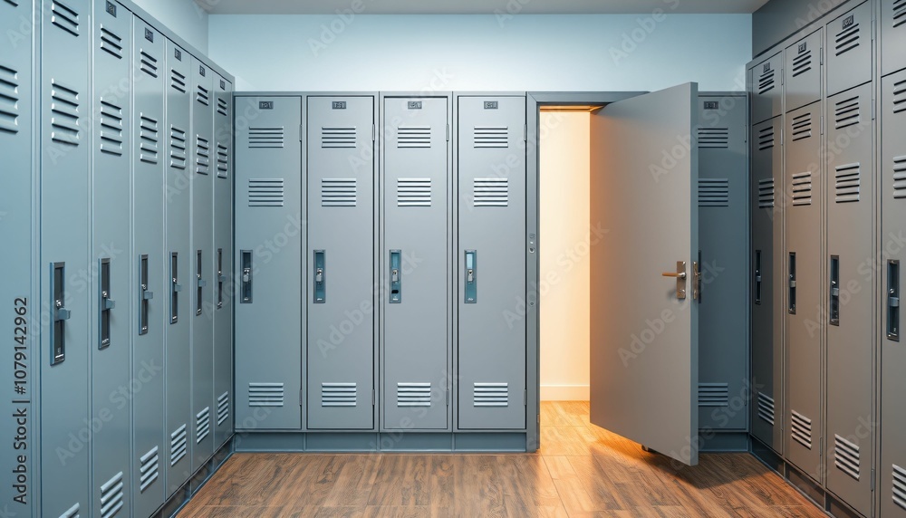 Modern Locker Room with Sleek Gray Lockers and Elegant Flooring Generative AI Modern Locker Room with Sleek Gray Lockers and Elegant Flooring Generative AI