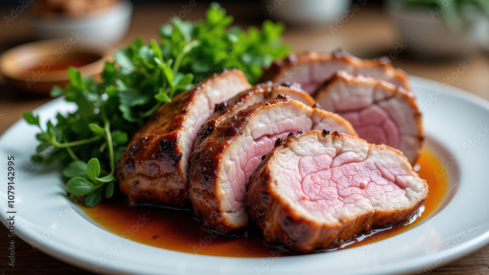 Tender sliced grilled steak on a white plate with sauce and herbs, perfect for a carnivore diet meal. Tender sliced grilled steak on a white plate with sauce and herbs, perfect for a carnivore diet meal.