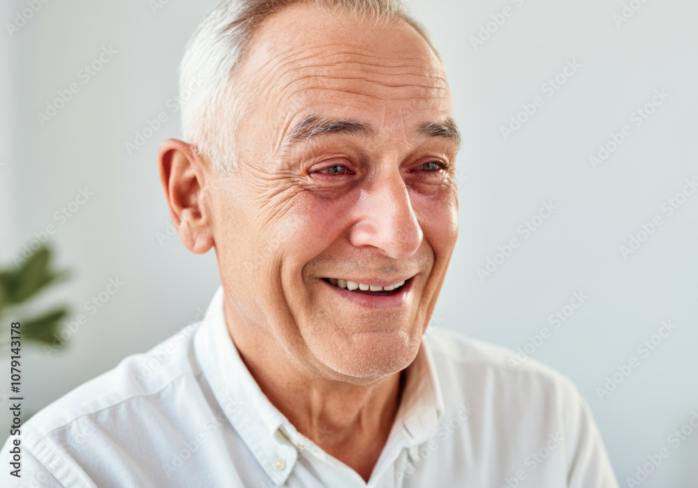 Smiling elderly man in white shirt with positive expression and bright eyes Smiling elderly man in white shirt with positive expression and bright eyes