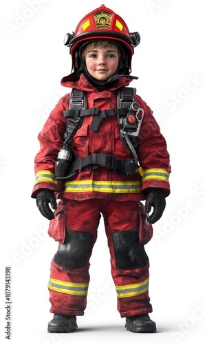 Child in firefighter costume, 3D illustration, isolated on white background 