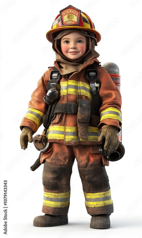Child in firefighter costume, 3D illustration, isolated on white background Child in firefighter costume, 3D illustration, isolated on white background