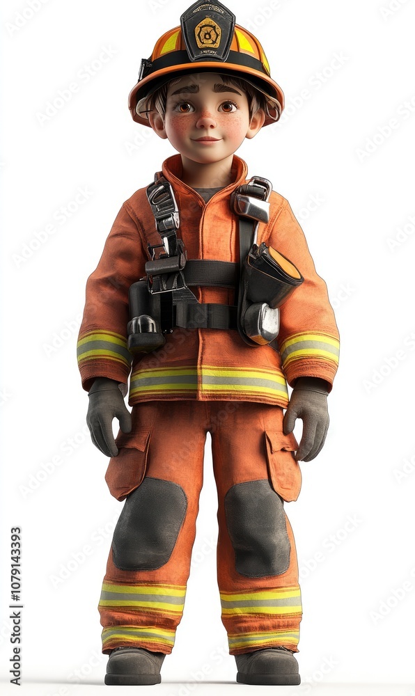 Child in firefighter costume, 3D illustration, isolated on white background Child in firefighter costume, 3D illustration, isolated on white background
