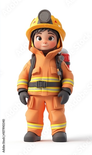 Child in firefighter costume, 3D illustration, isolated on white background 