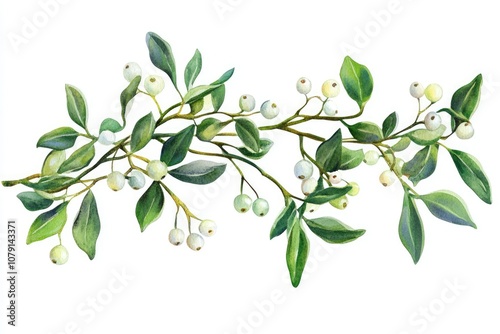 Festive Mistletoe Branches with Berries. Watercolor Christmas Illustration for Holiday Decoration