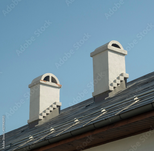 New tin roof with 2 white chimneys photo