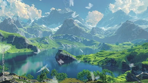 Peaceful lake by majestic mountains with fluttering butterflies in sunny natural landscape
Seamless looping 4k time-lapse virtual video animation Generated AI
