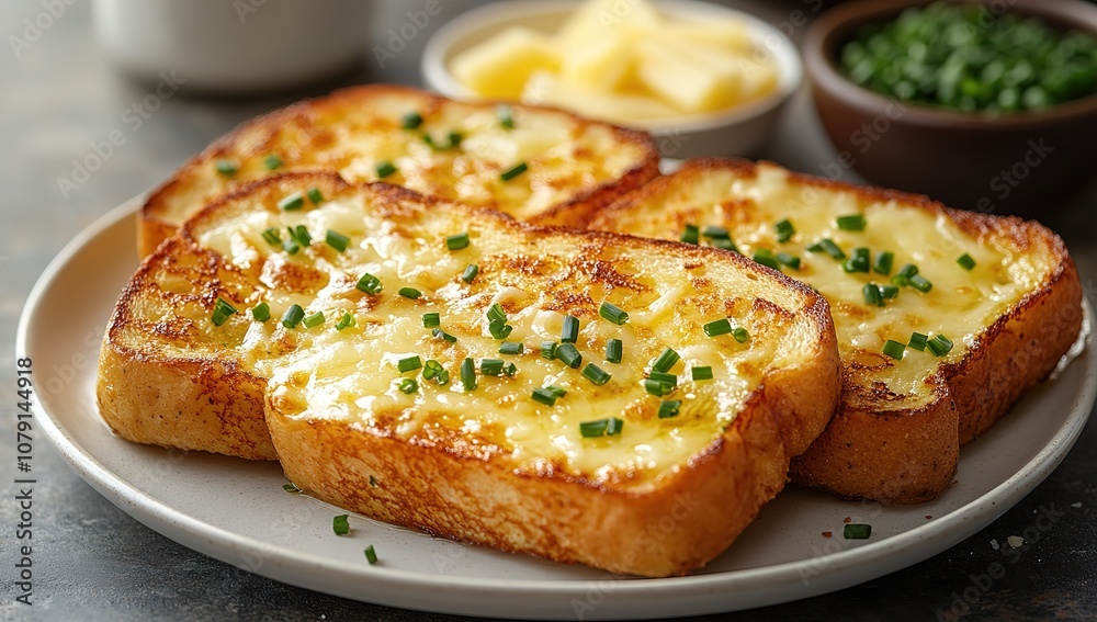 Close-up of slices of toasted bread topped with melted butter and chives. Close-up of slices of toasted bread topped with melted butter and chives.