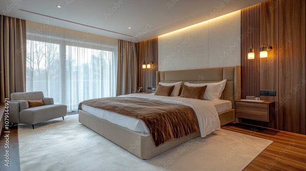 Modern bedroom with a large bed, a plush armchair, and a window overlooking a forest. Modern bedroom with a large bed, a plush armchair, and a window overlooking a forest.