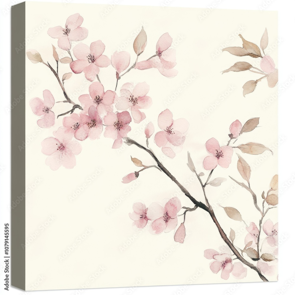 Naklejka premium Watercolor Sakura Blossom Tree Branch Illustration with Soft Pink Blooms