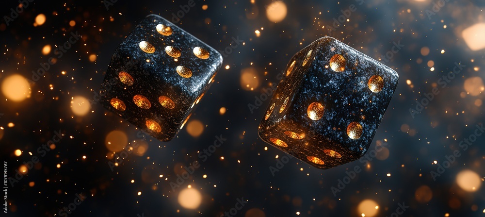 Obraz premium Two black dice with golden dots float against a dark background with warm bokeh lights.