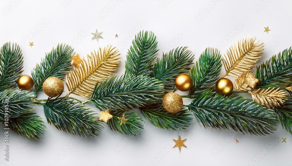 Christmas border green and golden pine branches. Isolated on white background. Christmas border green and golden pine branches. Isolated on white background.