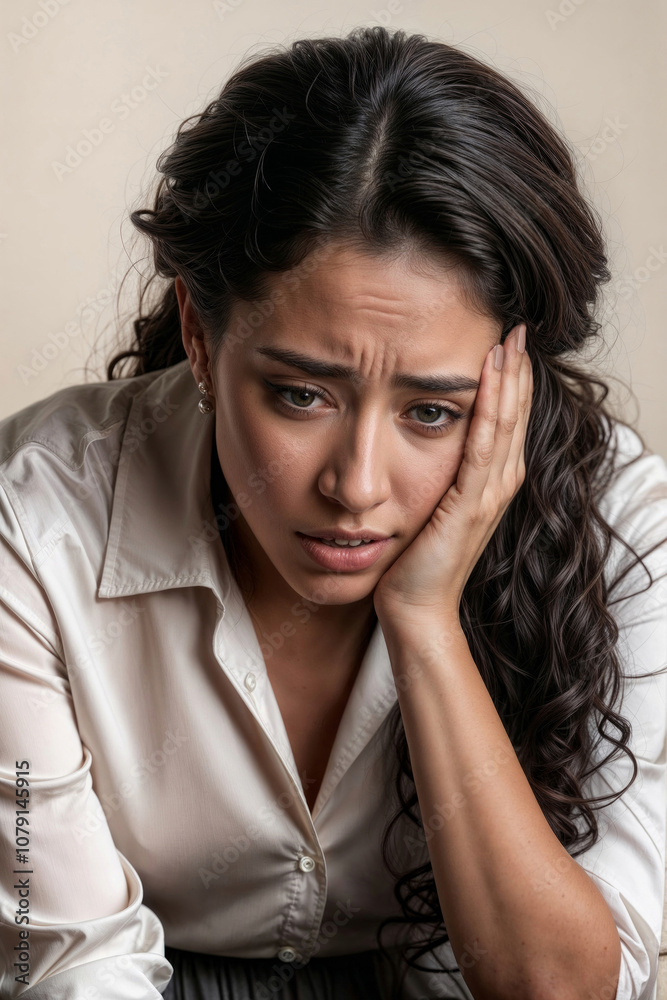 Beautiful sad woman with long hair is crying and holding her head, she is wearing a white shirt. Scene is sad and emotional, financial and family problems Beautiful sad woman with long hair is crying and holding her head, she is wearing a white shirt. Scene is sad and emotional, financial and family problems