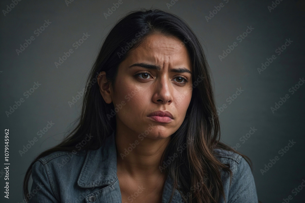 Face of thoughtful and sad woman with long dark hair and a sad expression. Financial and family problems Face of thoughtful and sad woman with long dark hair and a sad expression. Financial and family problems