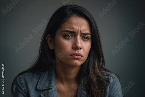 Face of thoughtful and sad woman with long dark hair and a sad expression. Financial and family problems