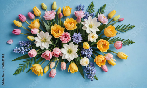 A vibrant bouquet of tulips, hyacinths, and other spring flowers arranged on a blue background