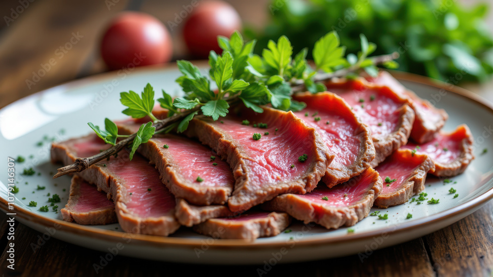 A plate of sliced beef ready to eat for a carnivorous meal. A plate of sliced beef ready to eat for a carnivorous meal.