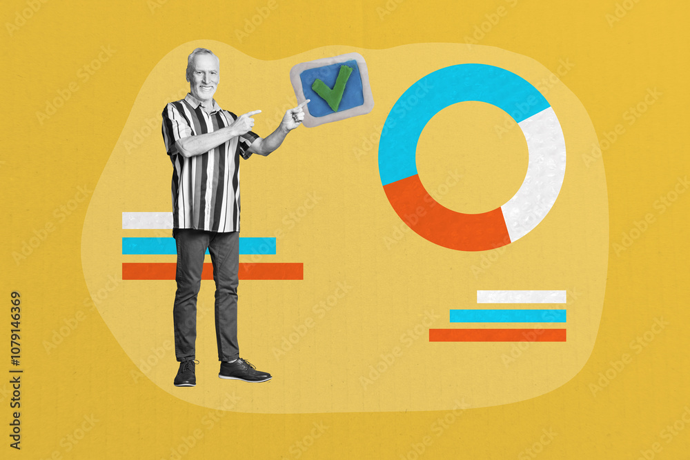 Composite photo collage of happy old man point diagram development approval checkmark icon success aim isolated on painted background Composite photo collage of happy old man point diagram development approval checkmark icon success aim isolated on painted background