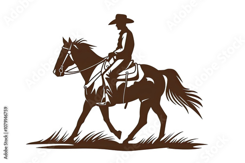 A stylized silhouette illustration of a cowboy riding a horse, evoking the spirit of the Wild West. Cut out or PNG. photo