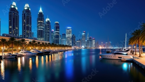 The vibrant Dubai skyline sparkles at night, showcasing tall buildings lit up by colorful lights. Yachts are docked along the tranquil waters, creating a picturesque scene