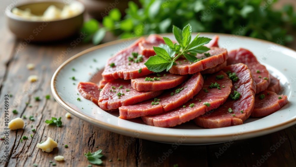 A plate of thinly sliced raw meat garnished with herbs on a wooden table, symbolizing the carnivore diet. A plate of thinly sliced raw meat garnished with herbs on a wooden table, symbolizing the carnivore diet.