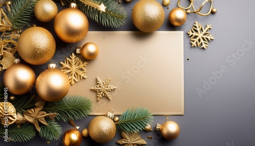 Christmas greeting card with christmas gold decorations.