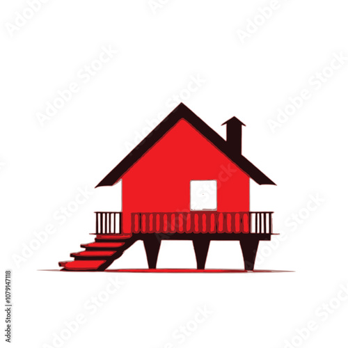 A red wooden house model with a slanted roof and a small window, sitting on a red platform