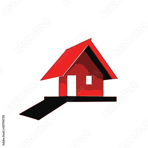 A red wooden house model with a slanted roof and a small window, sitting on a red platform