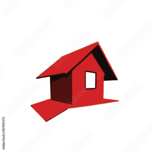 A red wooden house model with a slanted roof and a small window, sitting on a red platform