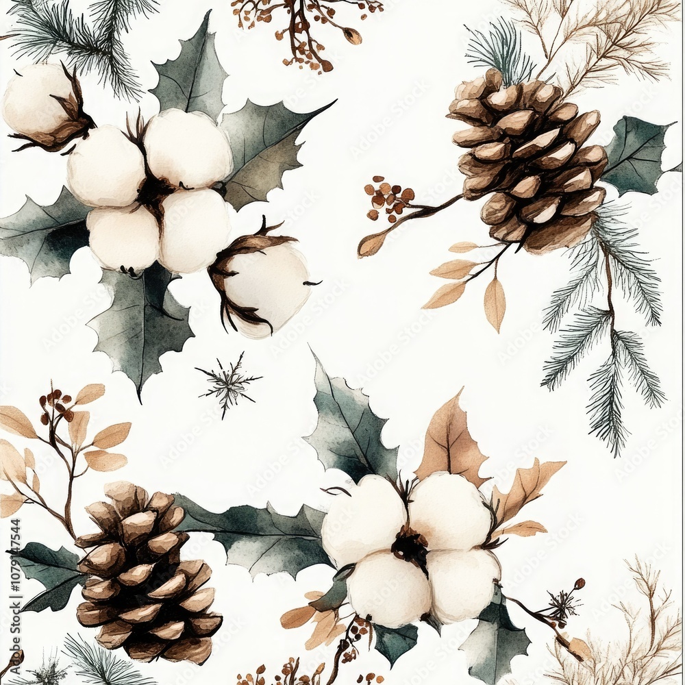 Fototapeta premium Christmas Floral Watercolor Pattern with Cotton Flowers and Berries for Holiday Greeting Cards and Textile Designs