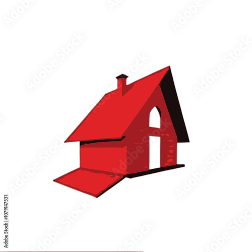 A red wooden house model with a slanted roof and a small window, sitting on a red platform
