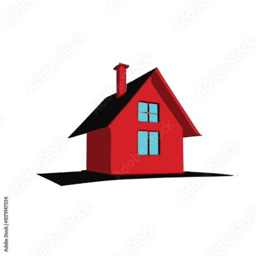 A red wooden house model with a slanted roof and a small window, sitting on a red platform