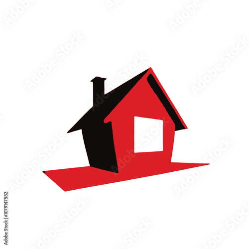 A red wooden house model with a slanted roof and a small window, sitting on a red platform
