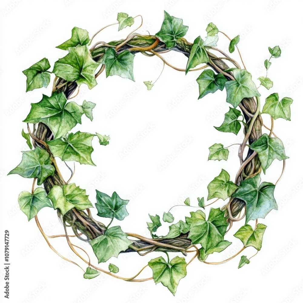 Fototapeta premium Enchanted Ivy Frame. Hand Illustrated Watercolor Ivy Branch with Leaves Wreath on Isolated White Background