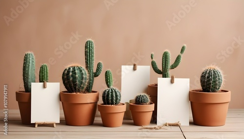 Una variedad de lindos cactus, incluido uno verde redondo y uno alto y puntiagudo, exhibidos en macetas rústicas de terracota, cada una con etiquetas de papel en blanco atadas con cordel photo