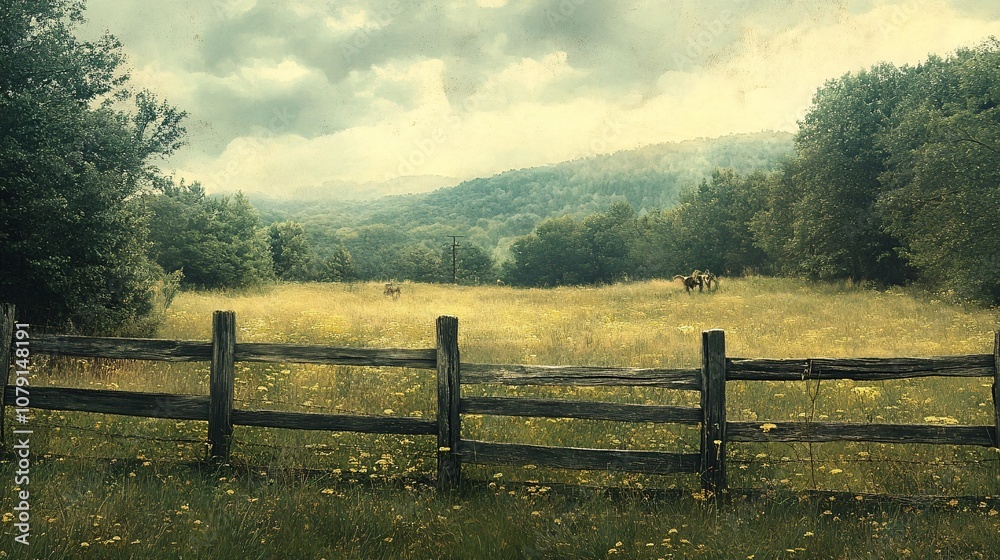 Fototapeta premium A serene landscape featuring a lush green field, wooden fence, and distant hills under a cloudy sky, capturing the beauty of nature.