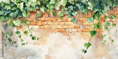 Hand Drawn Watercolor Ivy Branch on Brick Wall Background. Decorative Save the Date Greeting Card with Green Leaves