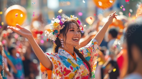 A young woman in a traditional Japanese kimono and floral crown joyfully celebrates at an outdoor festival, surrounded by colorful confetti and a lively crowd.

