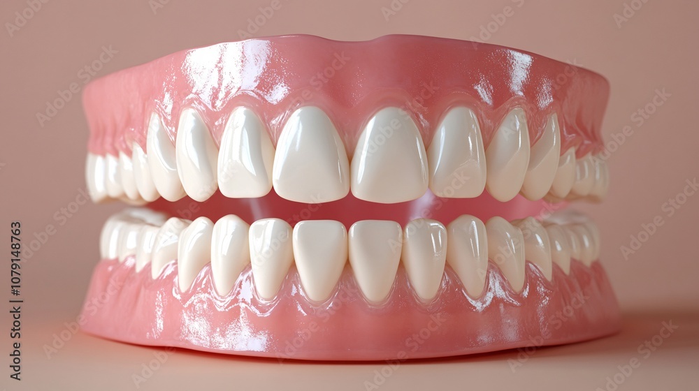 Obraz premium A realistic model of human teeth showcasing a perfect smile, highlighting dental health and aesthetics against a soft pink background.