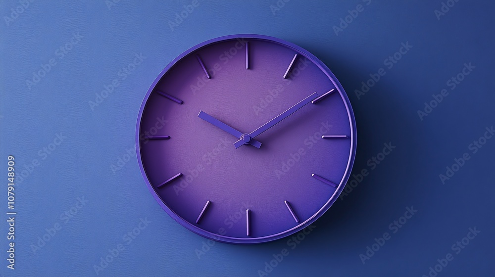 A minimalist purple clock on a blue background, highlighting contemporary design and color harmony. A minimalist purple clock on a blue background, highlighting contemporary design and color harmony.
