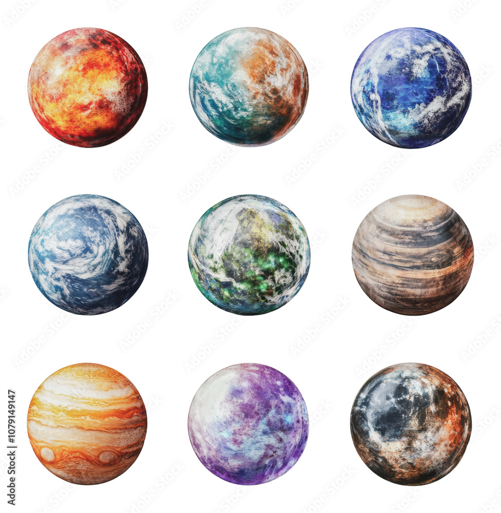PNG Colorful depiction of nine unique planets in space PNG Colorful depiction of nine unique planets in space